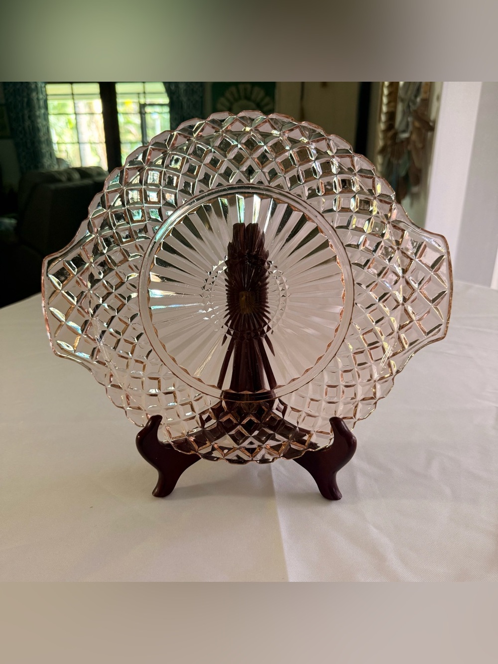 Vintage Anchor Hocking pink depression waffle cake plate w/handles
